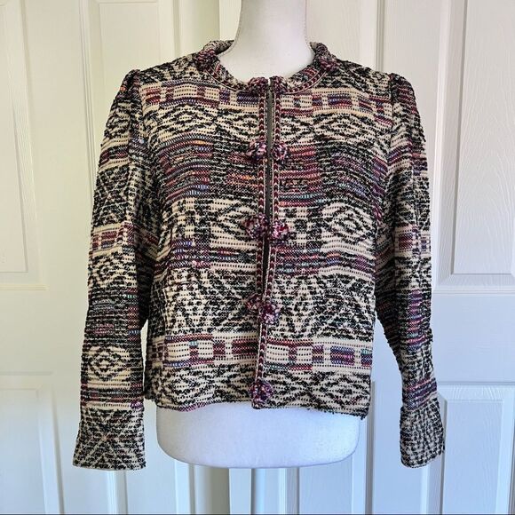 Zara Jacquard Jacket Cardigan Wool / Cotton Blend in Multicolor Large - Picture 4 of 13